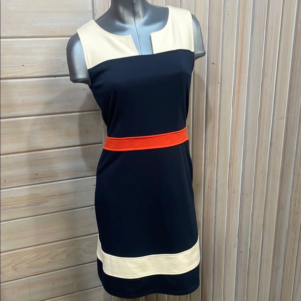 41 Hawthorn Blue and Cream Sheath Dress Sleeveless with Orange Accent